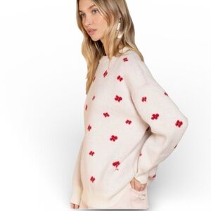 POL Cream Sweater with Red Floral Accents